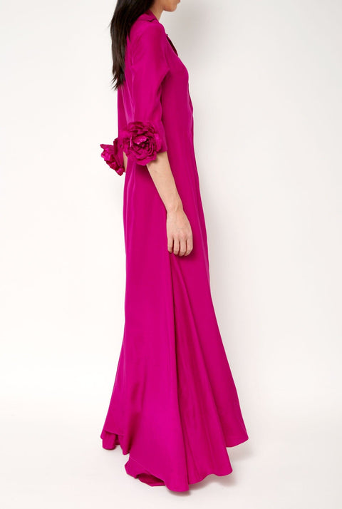 Camisa larga de seda con flores a mano fucsia