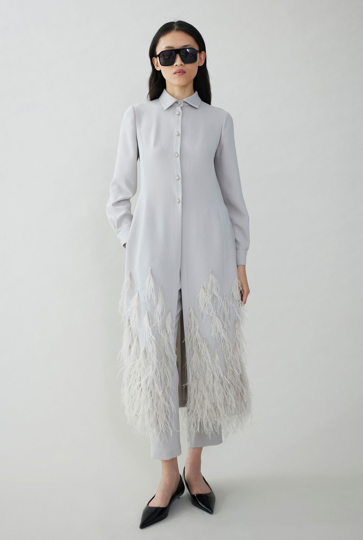 Long blouse with natural feathers