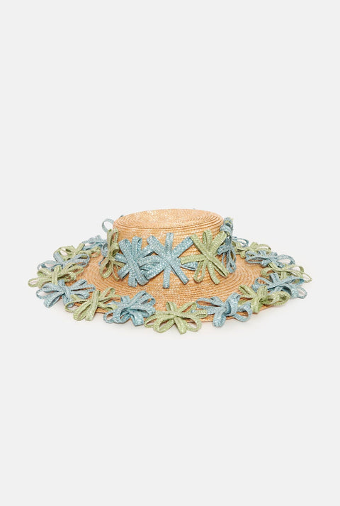 Sombrero natural doble fila flores azules y verdes