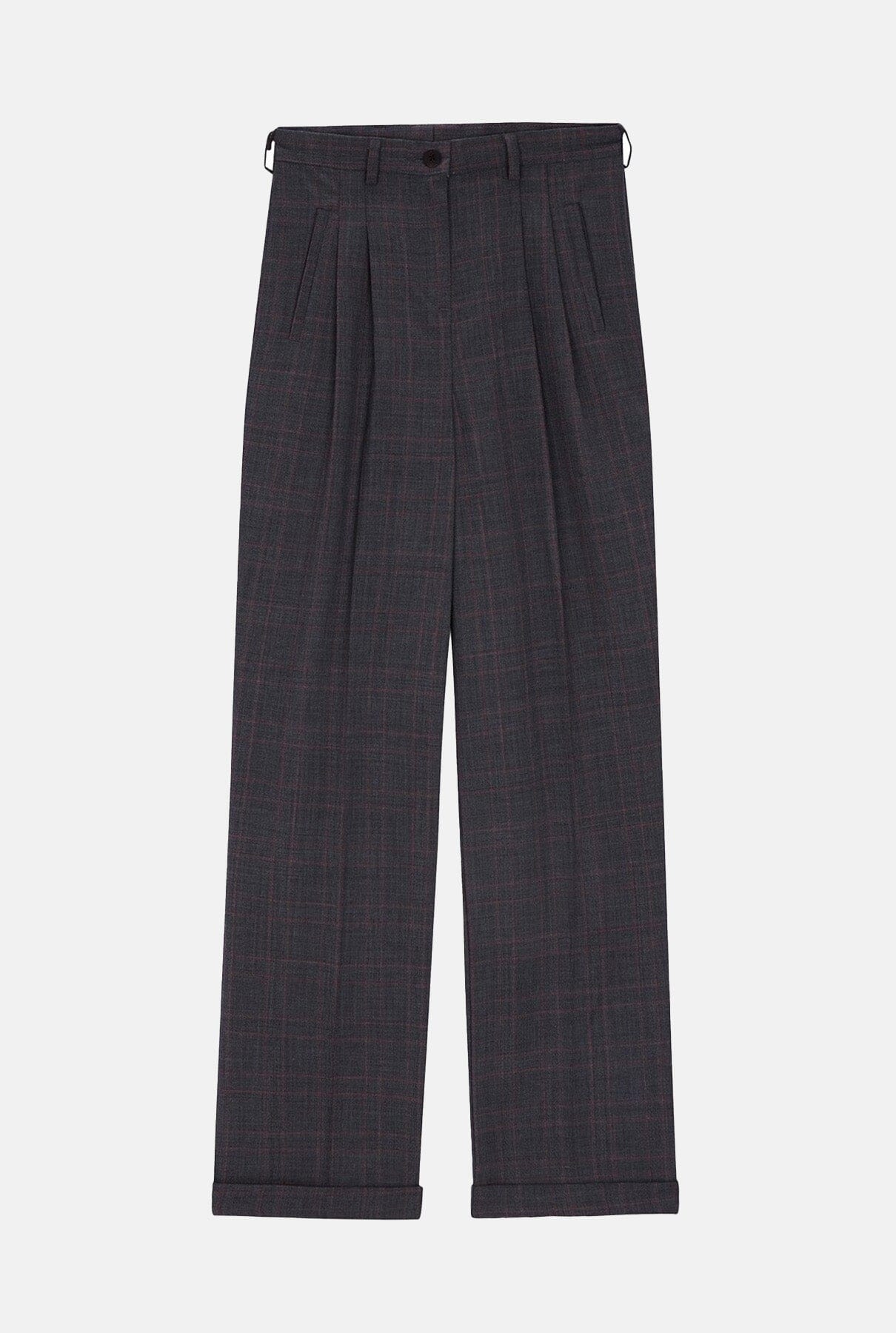 Pantalón gris y cuadro burdeos