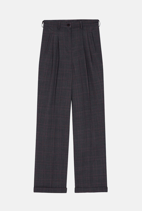 Pantalón gris y cuadro burdeos