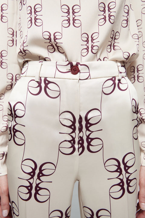 Pantalón recto satén estampado beige