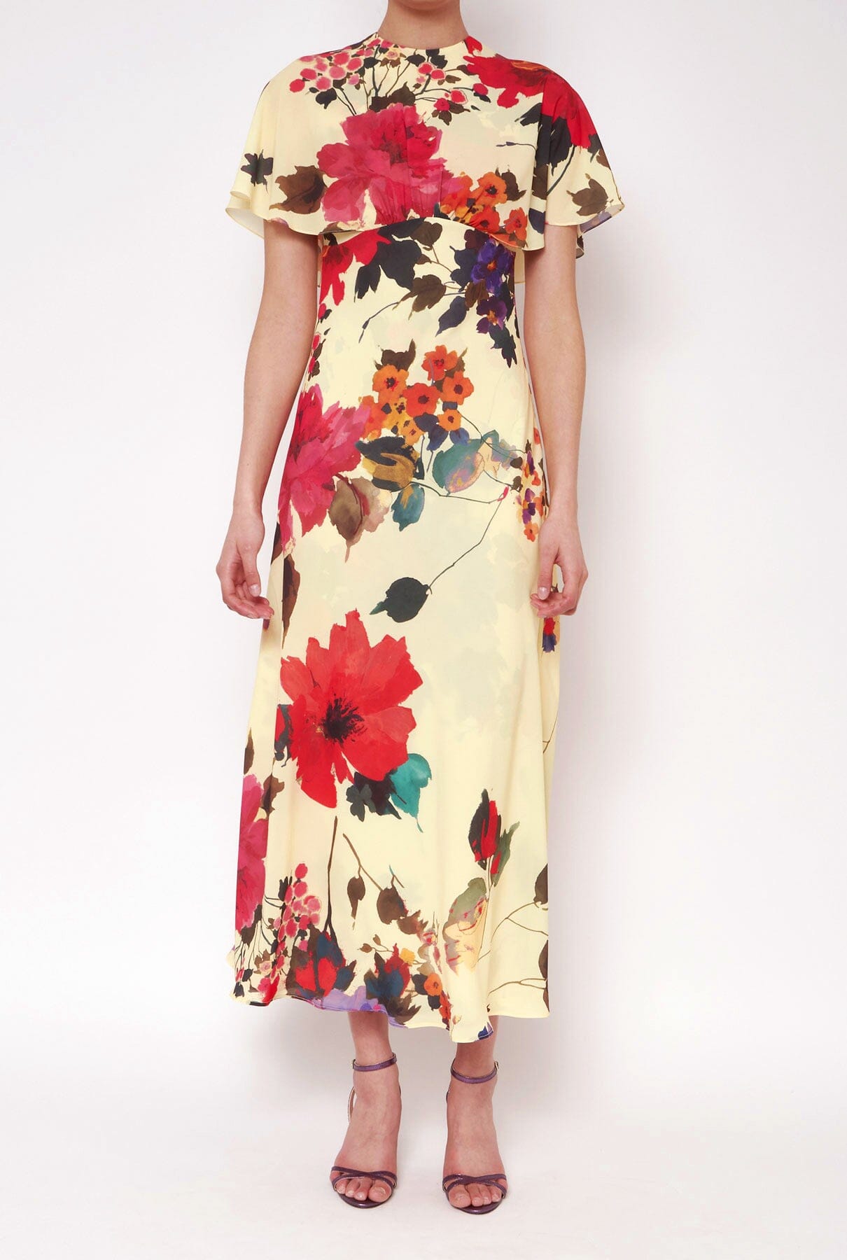 Vestido capelina flores acuareladas amarillo