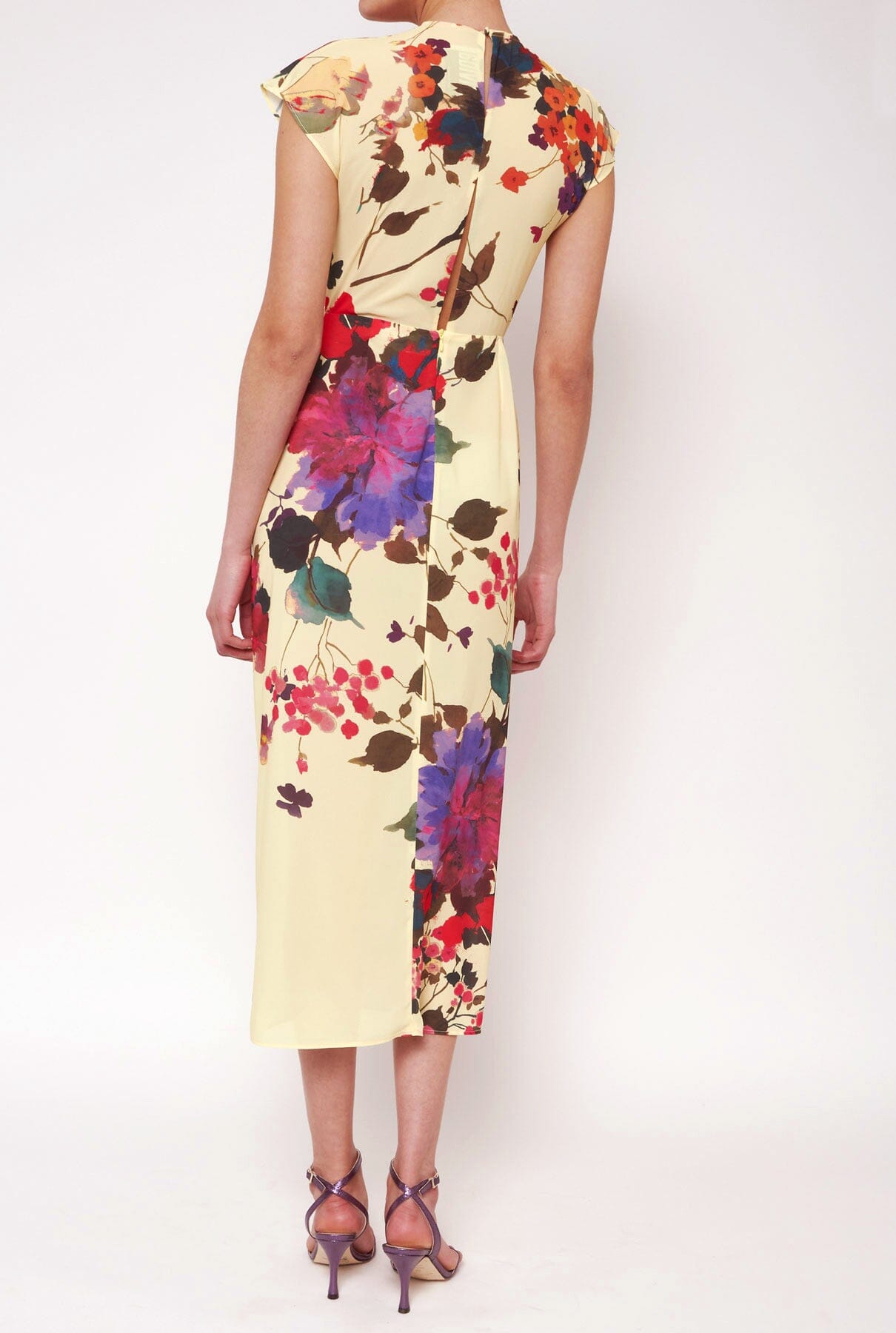 Vestido con falda nudo flores acuareladas amarillo