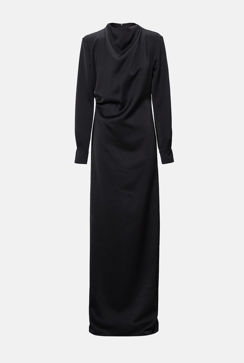 Vestido drapeado cuello perkins satén negro