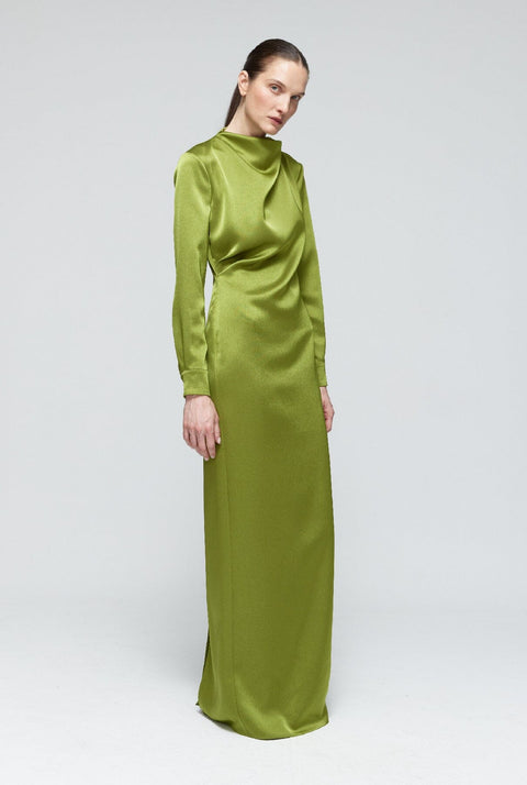 Vestido drapeado cuello perkins satén verde