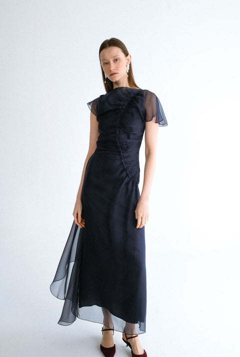 Vestido drapeado organza azul