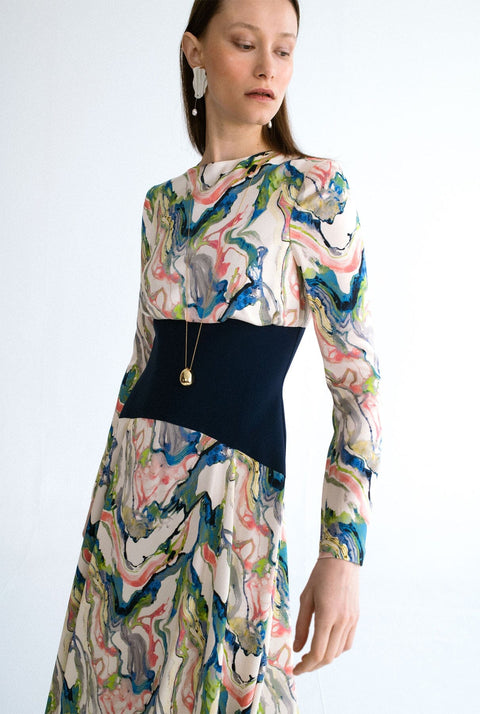 Vestido estampado y corsé azul