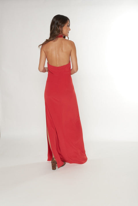Vestido halter con flor rojo