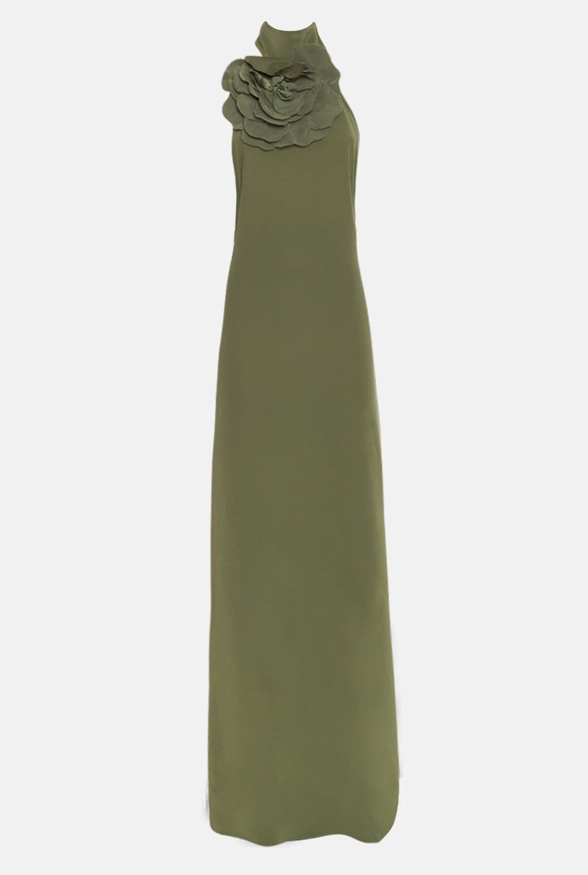 Vestido halter con flor verde caqui