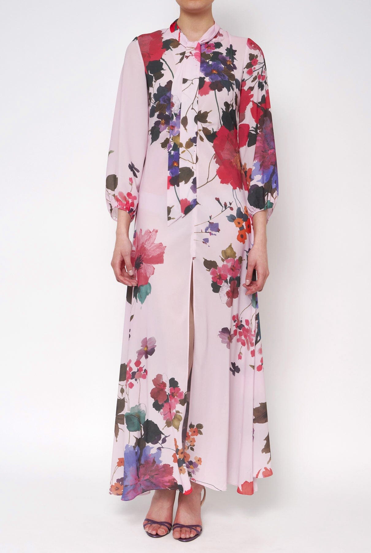 Vestido manga larga flores acuareladas