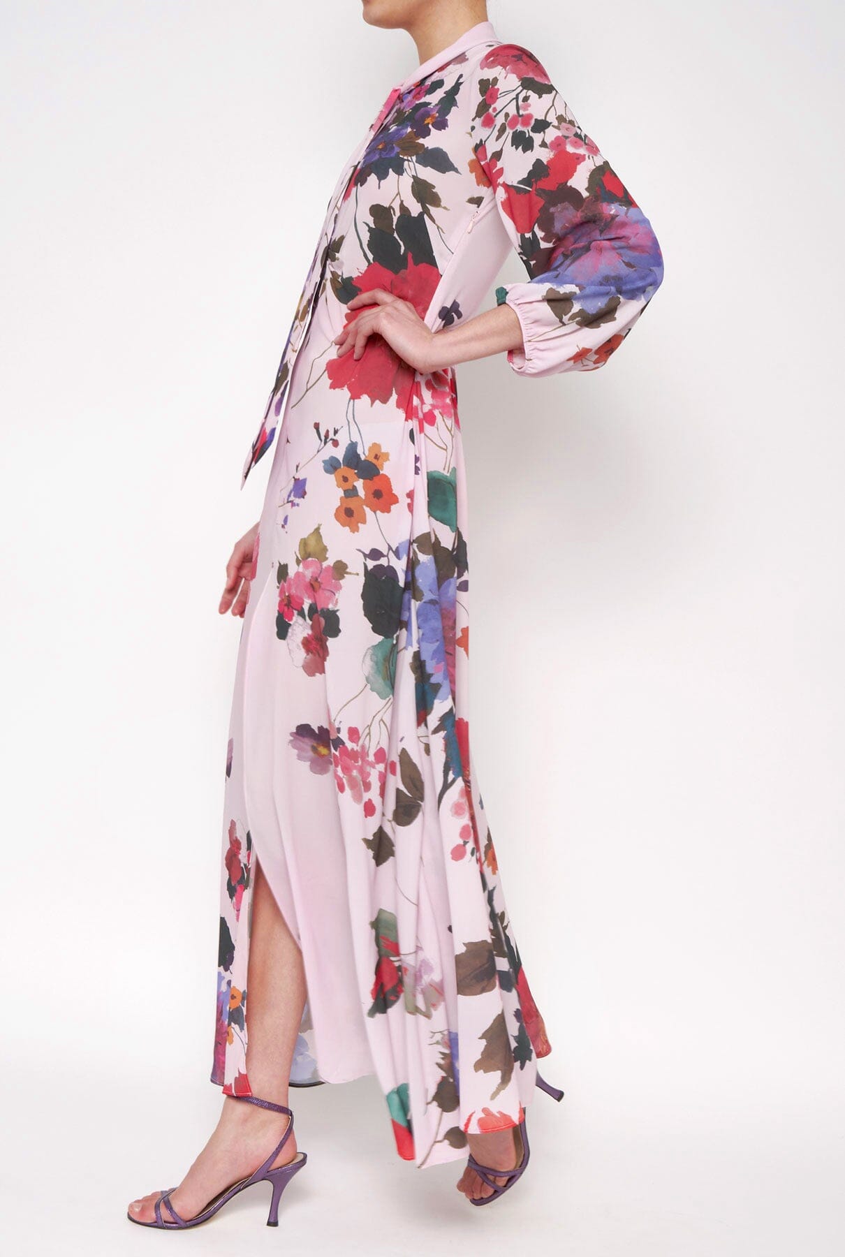Vestido manga larga flores acuareladas