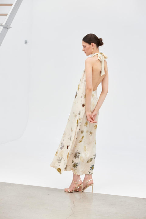 Halter extra long dress - Eco print beige - Pre-Order