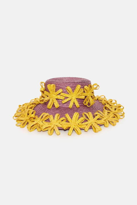 Sombrero morado doble fila flores amarillas