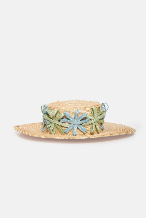 Sombrero natural flores azules y verdes en copa