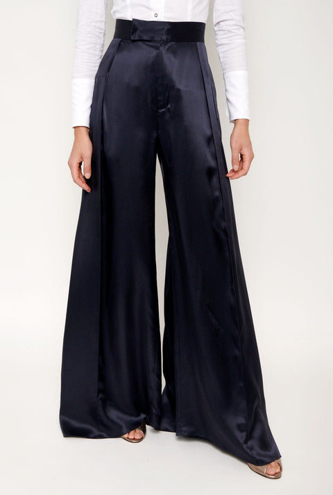Pantalón palazzo de seda azul marino