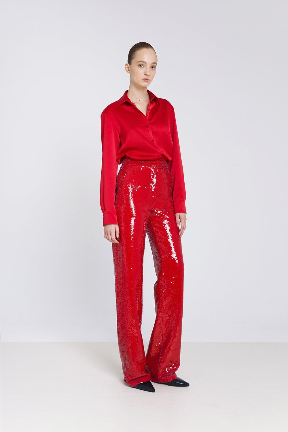 Pantalón recto lentejuela roja