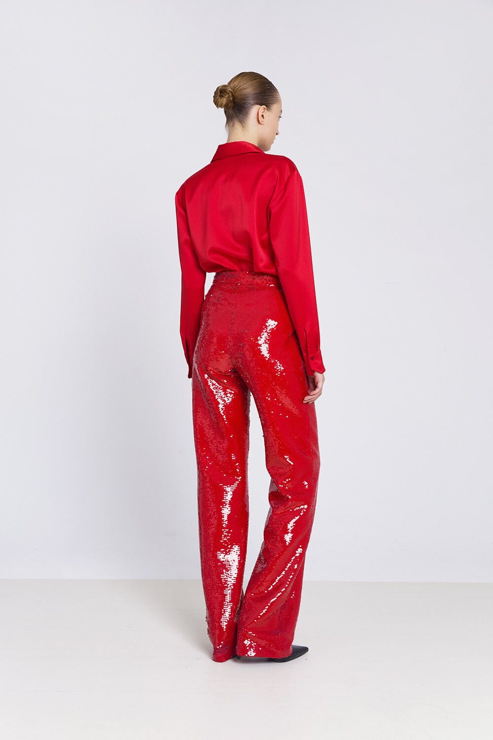 Pantalón recto lentejuela roja