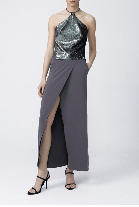Top halter lentejuela plomo