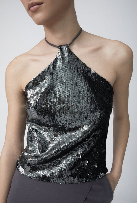 Top halter lentejuela plomo