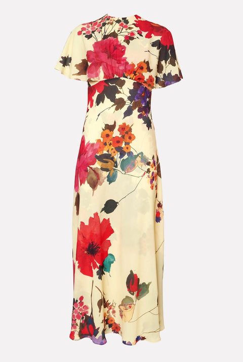 Vestido capelina flores acuareladas amarillo