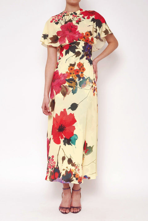Vestido capelina flores acuareladas amarillo