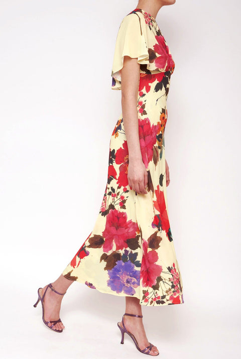 Vestido capelina flores acuareladas amarillo