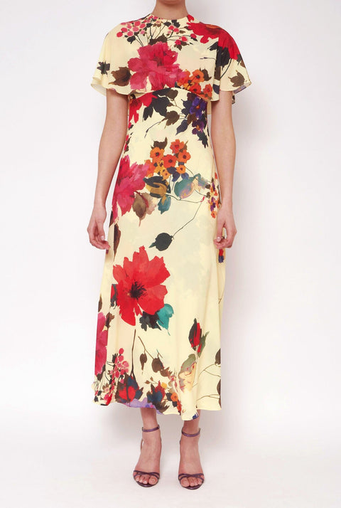 Vestido capelina flores acuareladas amarillo