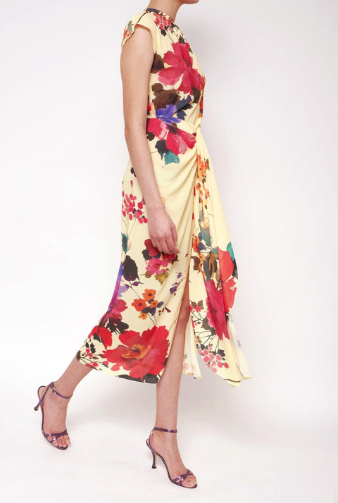 Vestido con falda nudo flores acuareladas amarillo