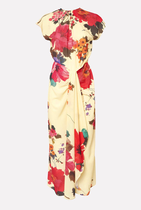 Vestido con falda nudo flores acuareladas amarillo