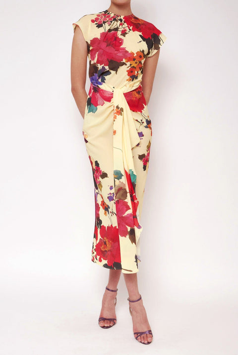 Vestido con falda nudo flores acuareladas amarillo
