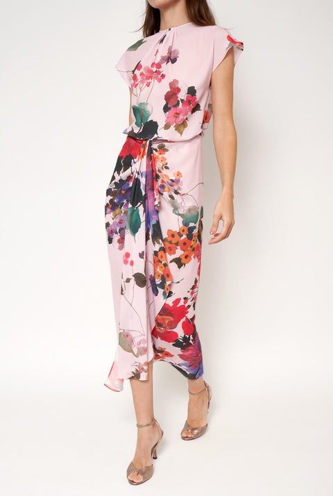 Vestido con falda nudo flores acuareladas