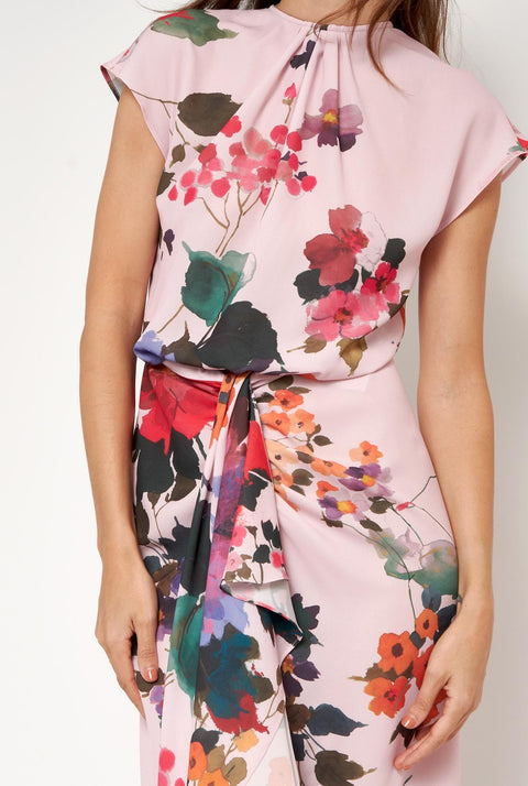 Vestido con falda nudo flores acuareladas