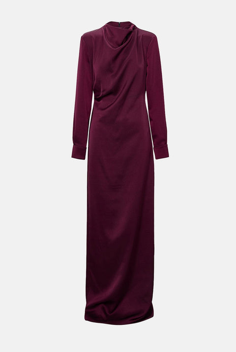 Vestido drapeado cuello perkins satén burdeos