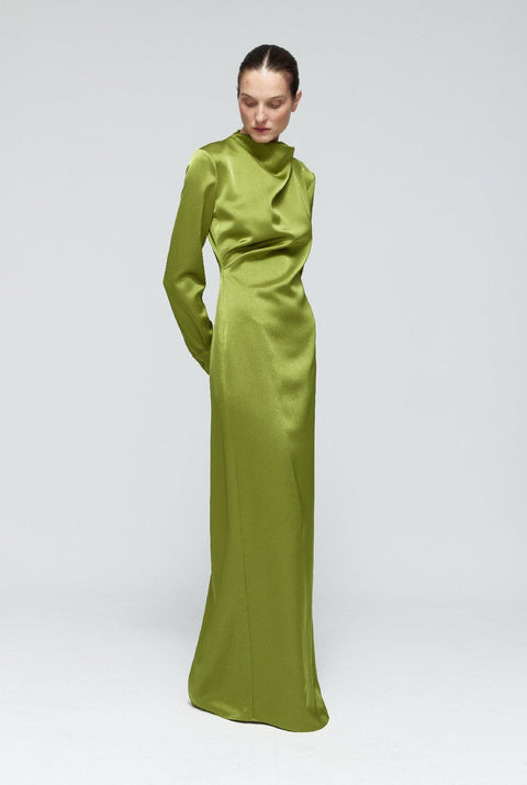 Vestido drapeado cuello perkins satén verde