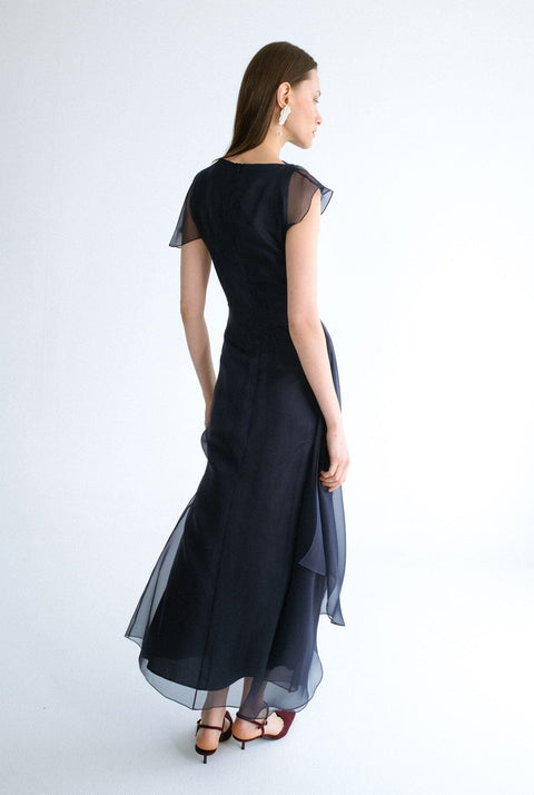 Vestido drapeado organza azul