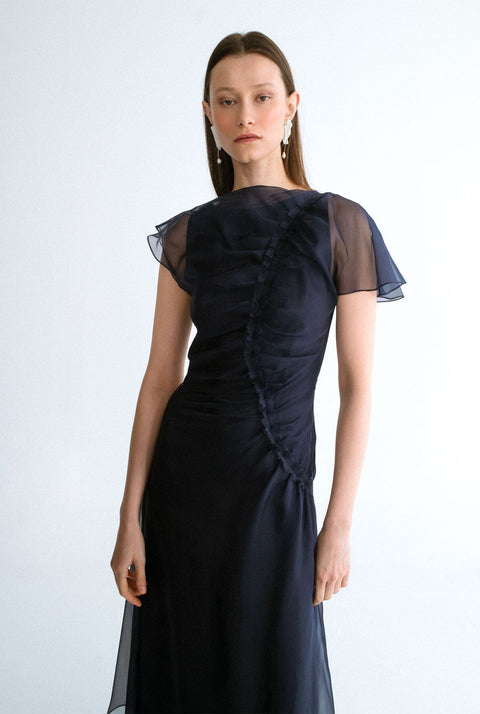 Vestido drapeado organza azul