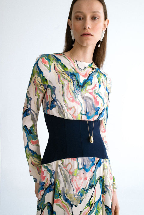 Vestido estampado y corsé azul