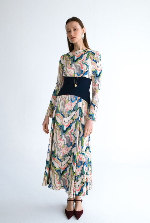 Vestido estampado y corsé azul