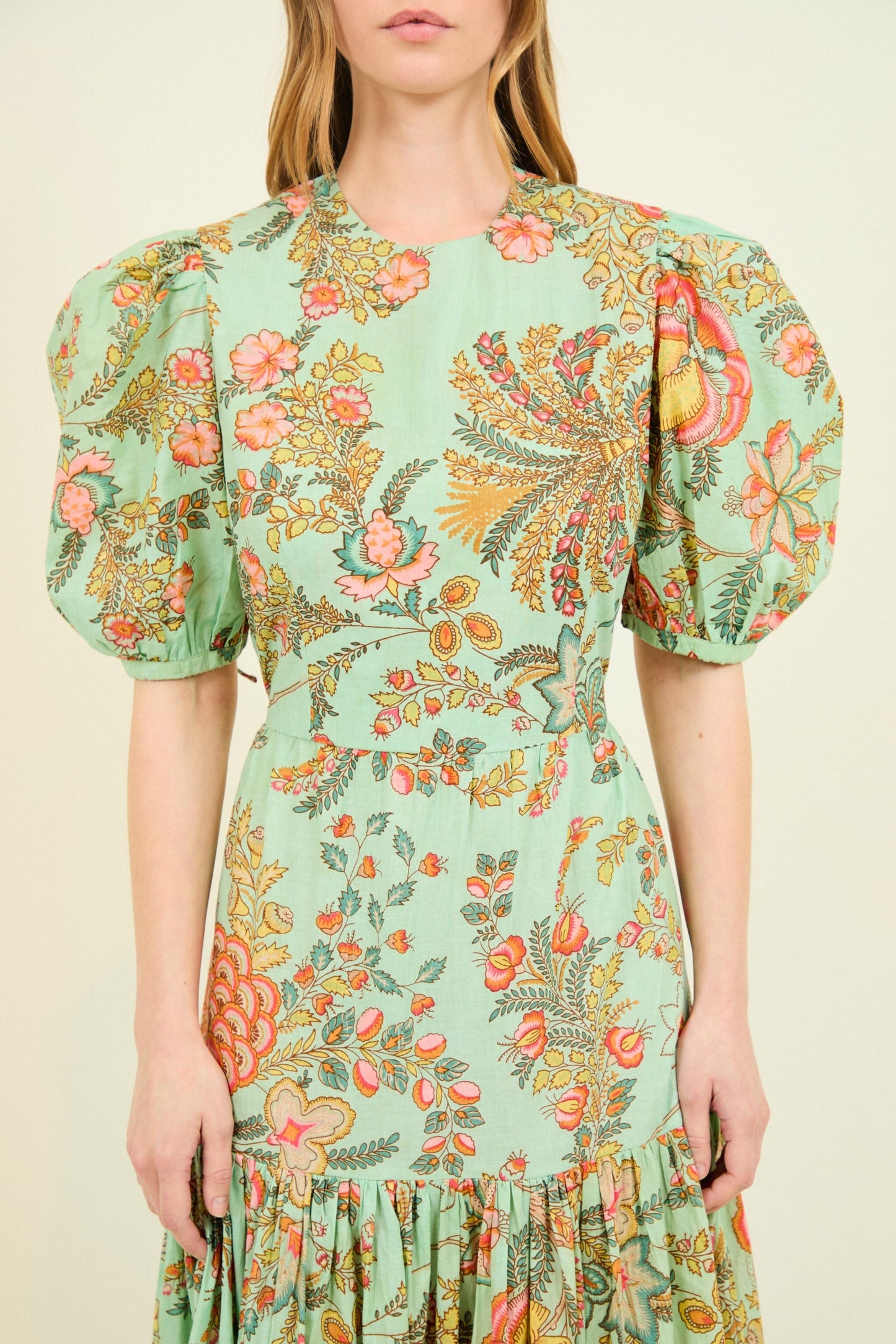 VESTIDO GABRIELLA FLORES TURQUESA