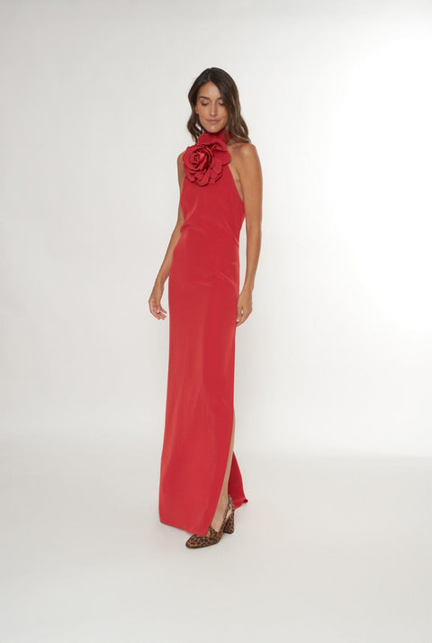 Vestido halter con flor rojo
