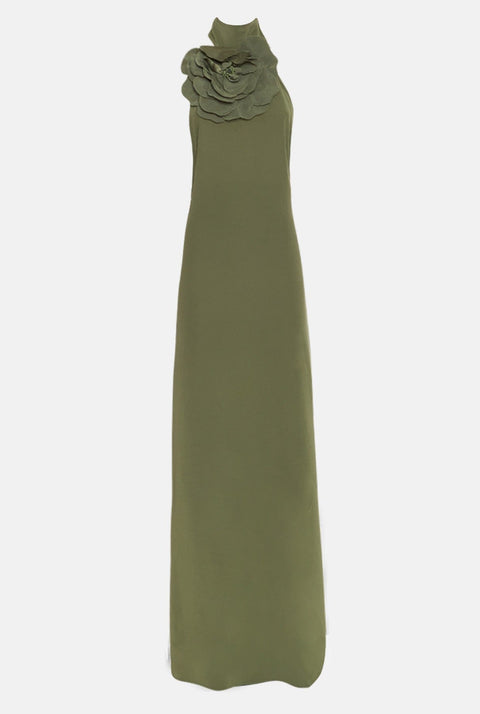 Vestido halter con flor verde caqui